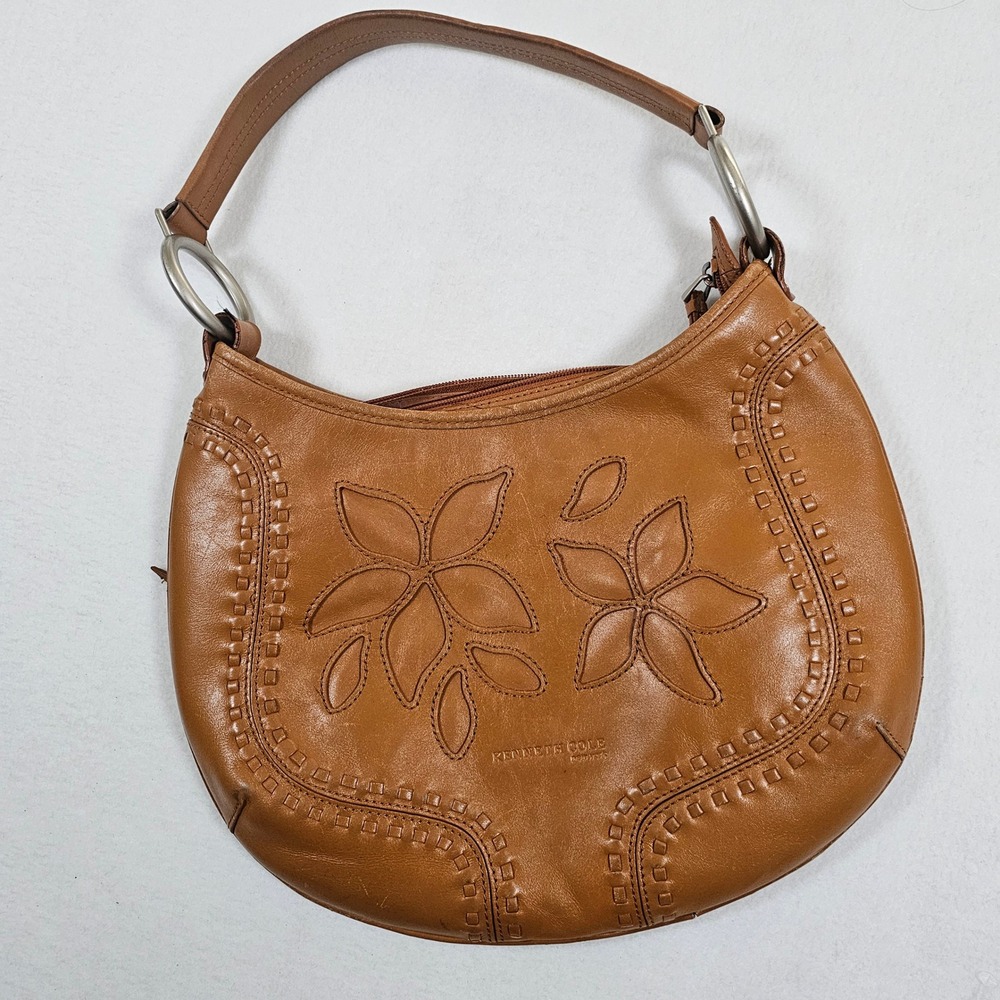 Kenneth Cole New York Cognac Brown Leather Floral Embossed Hobo Shoulder Bag